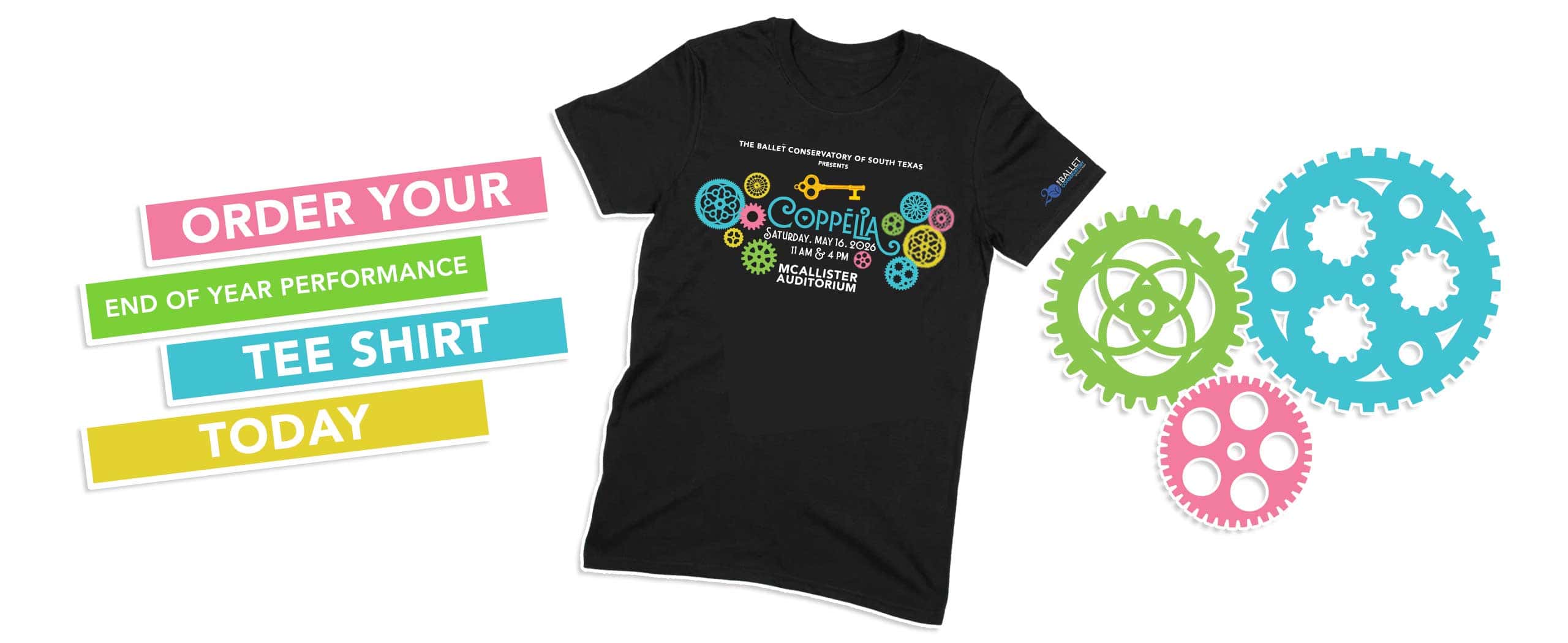 Image of a black t-shirt with a colorful design comprised of gear shapes, an old-fashioned golden key above the word, Coppélia.